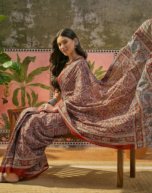 Vasthrlay Womens Printed Rust | Multi Saree With Unstitched Blouse Piece