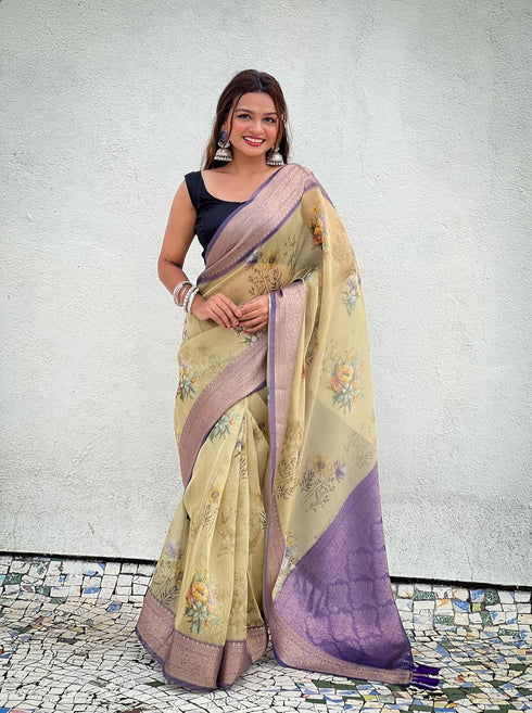 Vasthrlay Kanjivaram Organza Kalamkari Cream Purple Ethnic Wear