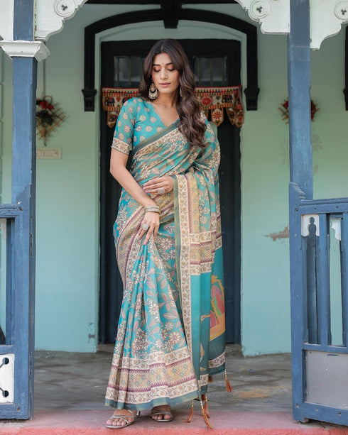 Vasthrlay Handloom Turquoise Paisley Saree