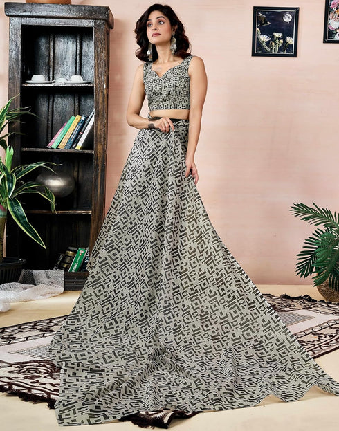 Vasthrlay Chanderi Printed Unstitched Off White Saree