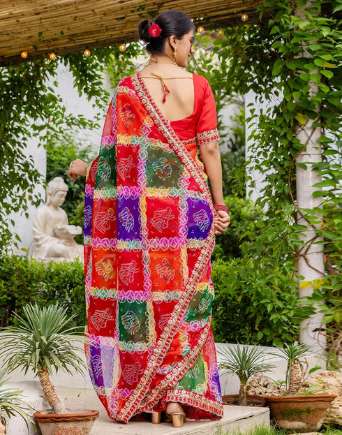 Vasthrlay Georgette Embroidery Red And Purple Saree With Unstitched Blouse Piece
