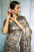 Vasthrlay Smoky Blue Abstract Floral Polyester Saree With Zari Border And Ruched Unstitched Blouse Piece