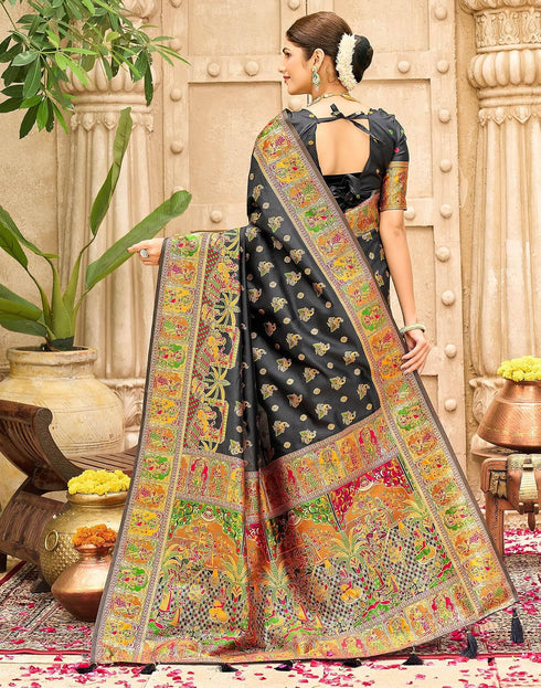 Vasthrlay Banarasi Jacquard Black Saree With Unstitched Blouse Piece
