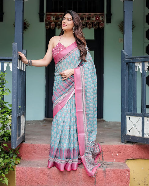 Vasthrlay Turquoise Floral Embroidered Saree