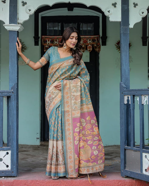 Vasthrlay Handloom Turquoise Paisley Saree