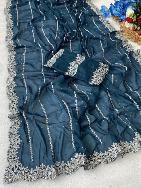 Vasthrlay Blue Embroidery Saree
