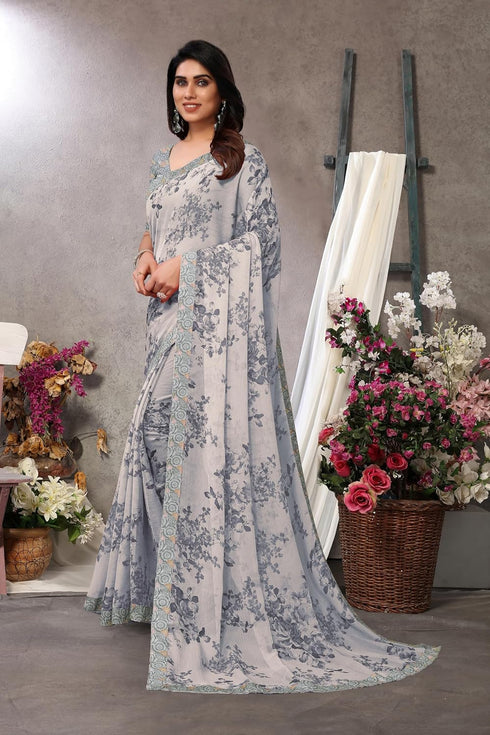Vasthrlay Fashion Chiffon Printed Grey Ethnic Wear