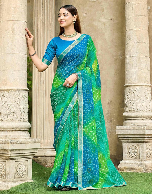 Vasthrlay Chiffon Bandhani Unstitched Green Saree