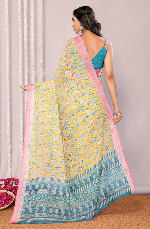Vasthrlay Yellow Cotton Printed Saree