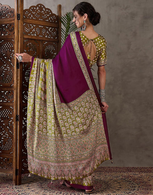 Vasthrlay Printed Tassels Dark Purple | Mehndi Green Saree With Unstitched Blouse Piece