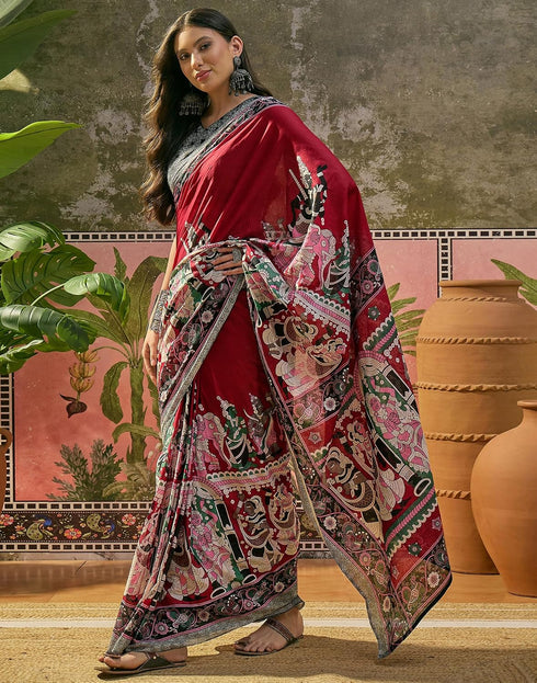 Vasthrlay Womens Printed Maroon | Multi Saree With Unstitched Blouse Piece