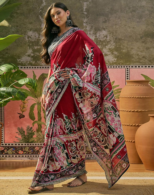 Vasthrlay Womens Printed Unstitched Maroon Saree