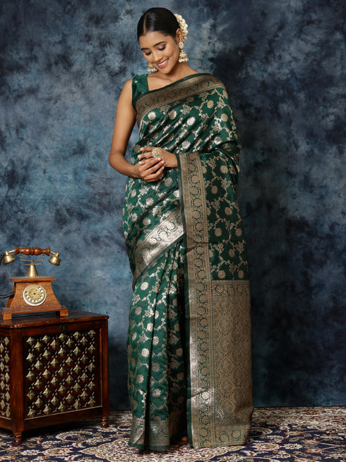 Vasthrlay Bottle Green Banarasi Saree