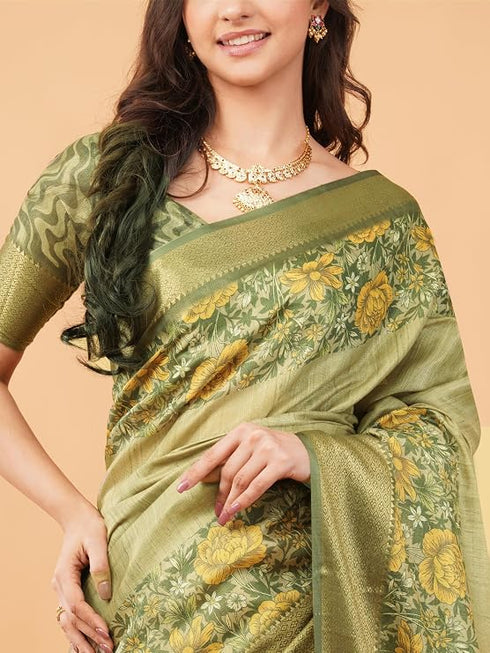 Vasthrlay Metallic Gold Textured Polyester Saree With Kalamkari Floral Panel| Zari Border And Unstitched Blouse Piece