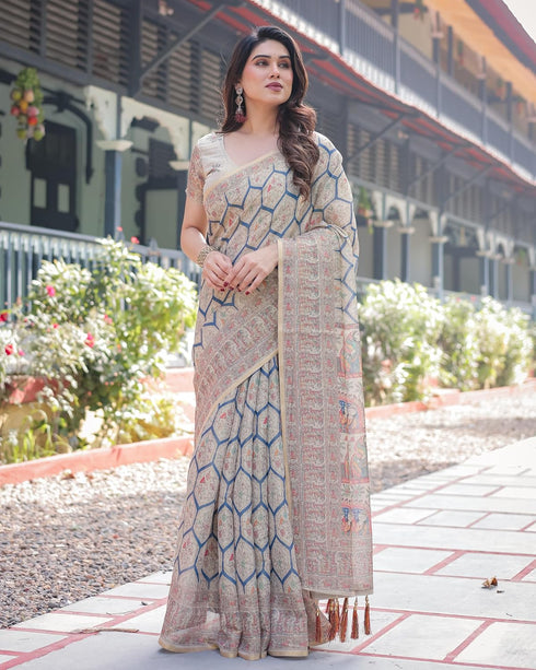 Vasthrlay Turquoise Embroidery Traditional Saree