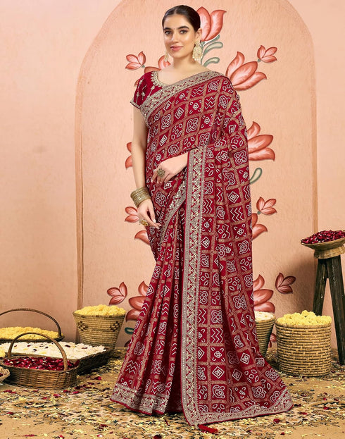 Vasthrlay Georgette Embroidery Dark Red Saree With Unstitched Blouse Piece