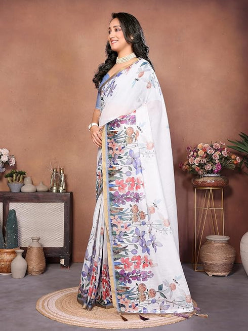 Vasthrlay White 3 Floral Printed Design Linen Saree With Solid Unstitched Linen Blouse Piece