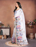 Vasthrlay White 3 Floral Printed Design Linen Saree With Solid Unstitched Linen Blouse Piece
