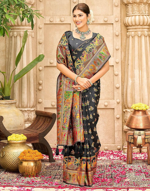 Vasthrlay Banarasi Jacquard Black Saree With Unstitched Blouse Piece