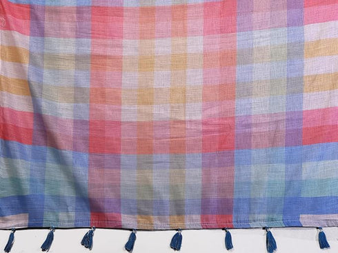 Vasthrlay Multicolour Linen Floral | Striped | Check Design Printed Saree With Solid Unstitched Linen Blouse Piece