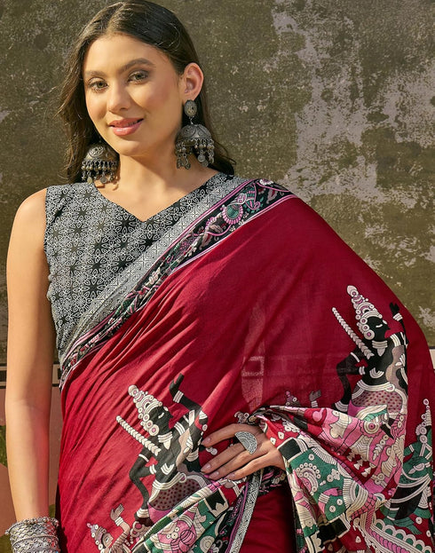 Vasthrlay Womens Printed Unstitched Maroon Saree
