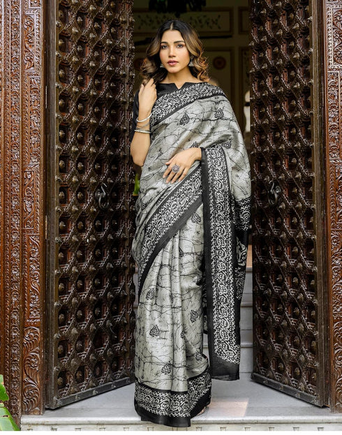 Vasthrlay Womens Printed Grey And Black Saree With Unstitched Blouse Piece