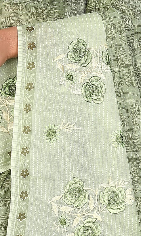 Vasthrlay Cotton Print Embroidery Green Saree
