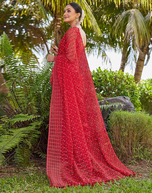 Vasthrlay Bandhani Printed Red Saree With Unstitched Blouse Piece