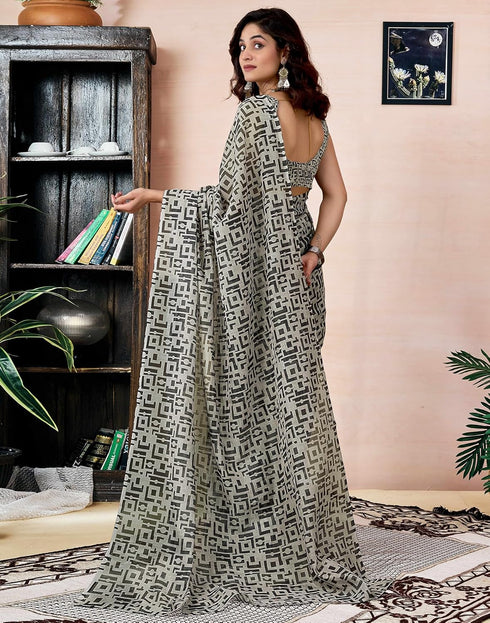 Vasthrlay Chanderi Printed Unstitched Off White Saree