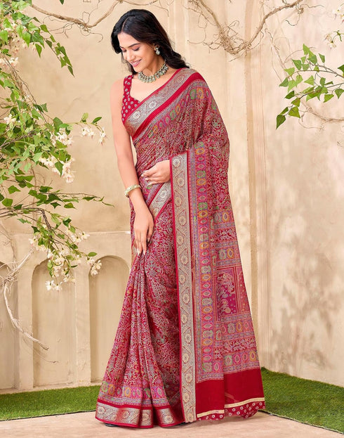 Vasthrlay Georgette Printed Unstitched Red Saree