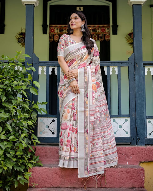 Vasthrlay Handwoven Printed Tasselled Saree