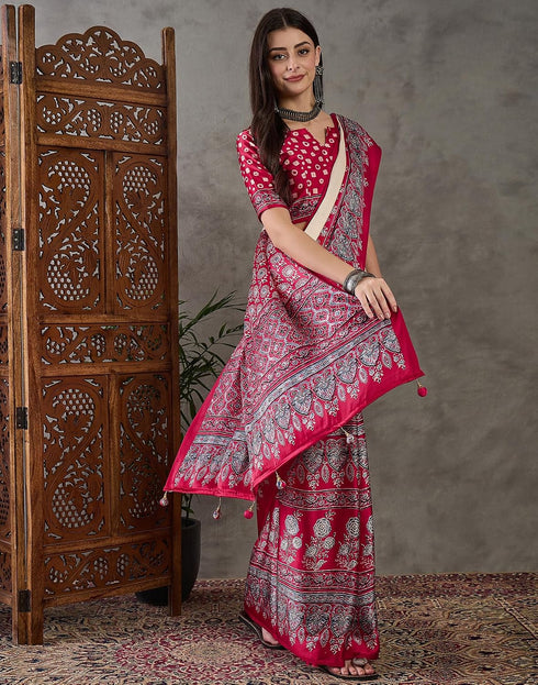 Vasthrlay Printed Tassels Cream | Cherry Red Saree With Unstitched Blouse Piece