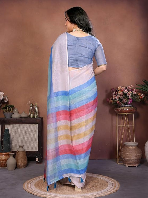 Vasthrlay Multicolour Womens Linen Ready To Wear Saree