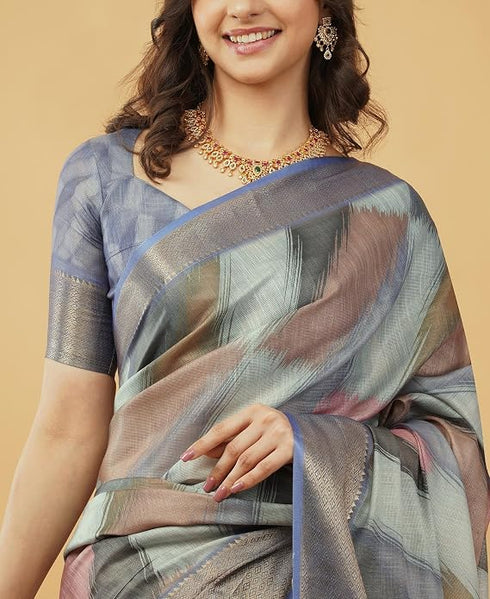 Vasthrlay Slate Blue Abstract Print Polyester Saree With Zari Border And Unstitched Blouse Piece