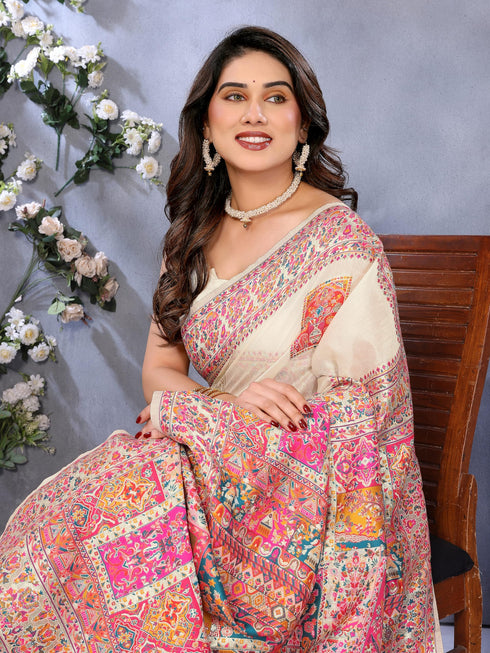 Vasthrlay Cream Kanjivaram Unstitched Saree