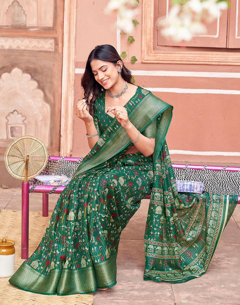 Vasthrlay Womens Printed Green Saree With Unstitched Blouse Piece