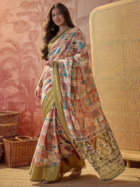 Vasthrlay Printed Jacquard Unstitched Dusty Pink Saree
