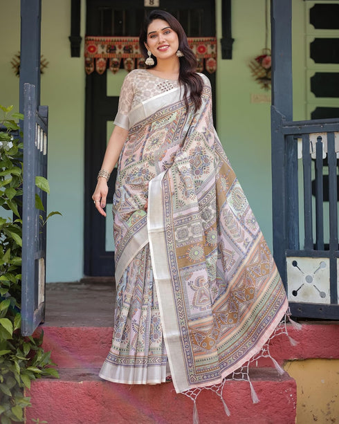Vasthrlay Handwoven Printed Tasselled Saree