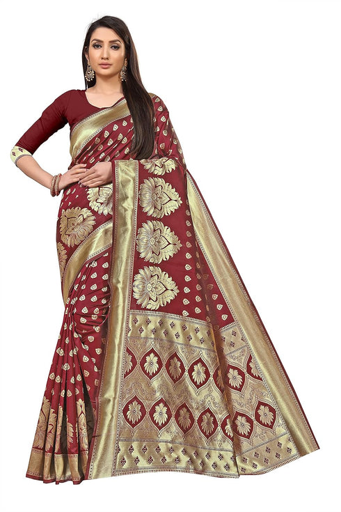 Vasthrlay Maroon Woven Kanjivaram Blend Saree