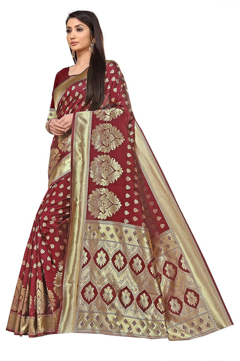 Vasthrlay Maroon Woven Kanjivaram Blend Saree