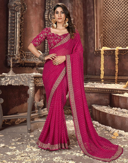 Vasthrlay Georgette Leheriya Dark Pink Saree With Unstitched Blouse Piece