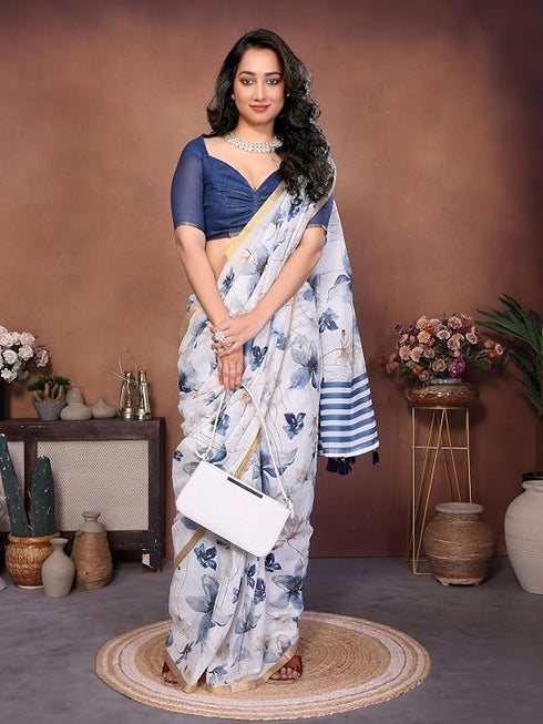 Vasthrlay White1 Floral Printed Design Linen Saree With Solid Unstitched Linen Blouse Piece