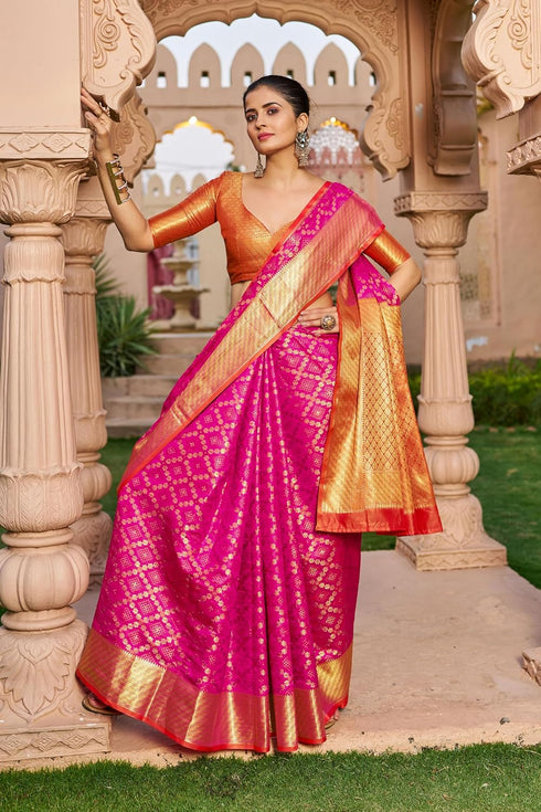 Vasthrlay Patola Silk Saree | Rani Pink, Ready Pleated with Unstitched Blouse Piece