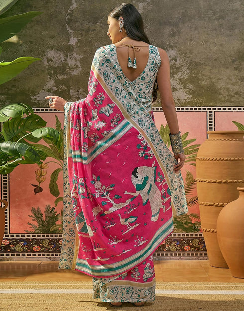 Vasthrlay Womens Printed Pink Saree With Unstitched Blouse Piece