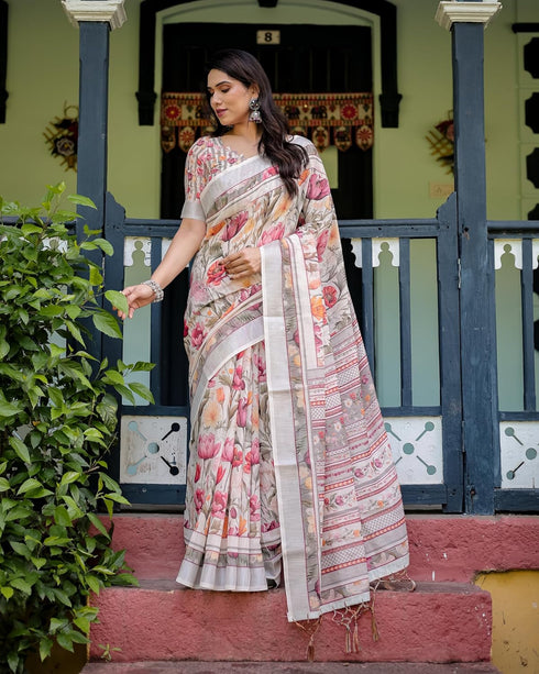 Vasthrlay Handwoven Printed Tasselled Saree