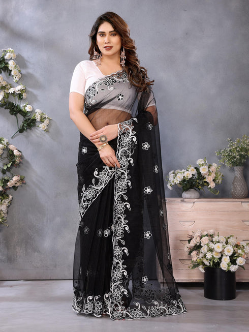 Vasthrlay Blue Embroidery Unstitched Saree