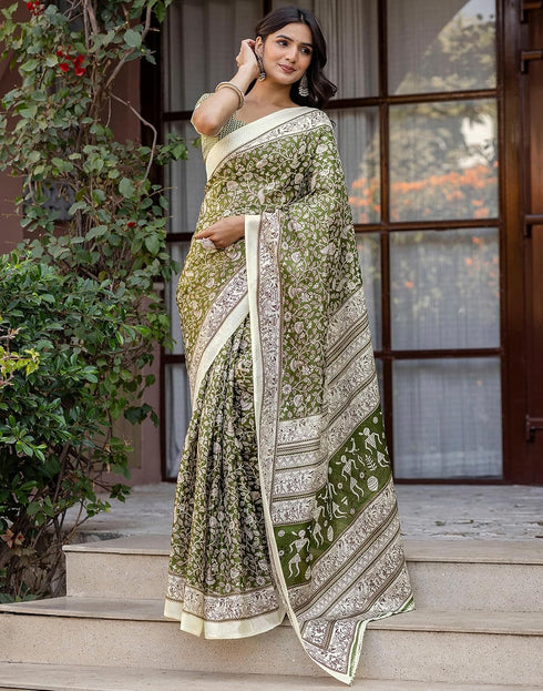 Vasthrlay Womens Printed Olive Green Saree With Unstitched Blouse Piece