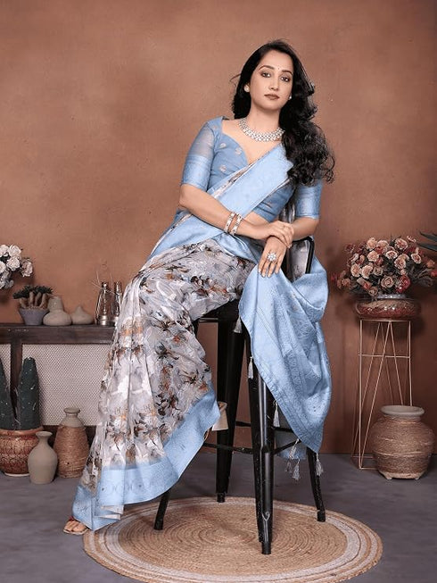 Vasthrlay White Floral Semi Sheer Chanderi Saree With Champagne Gold Zari Pallu And Unstitched Blouse Piece