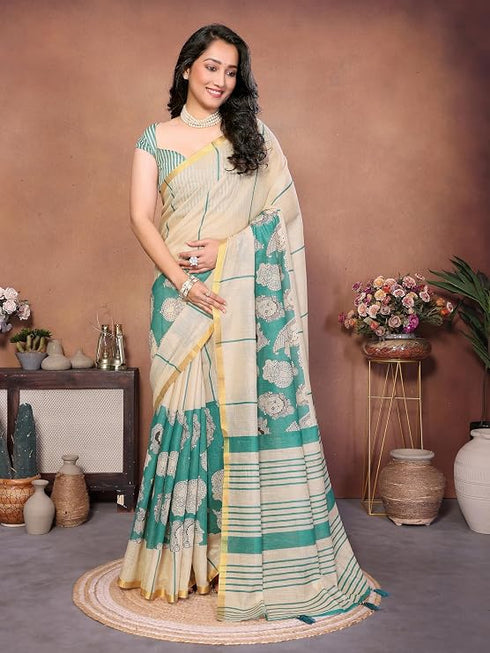 Vasthrlay Womens Off White Kathakali Print Linen Saree With Gold Zari Border And Unstitched Blouse Piece