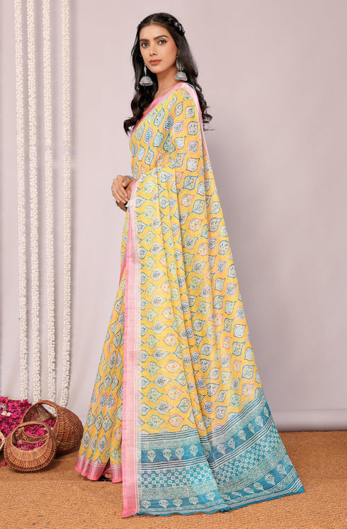 Vasthrlay Yellow Cotton Printed Saree
